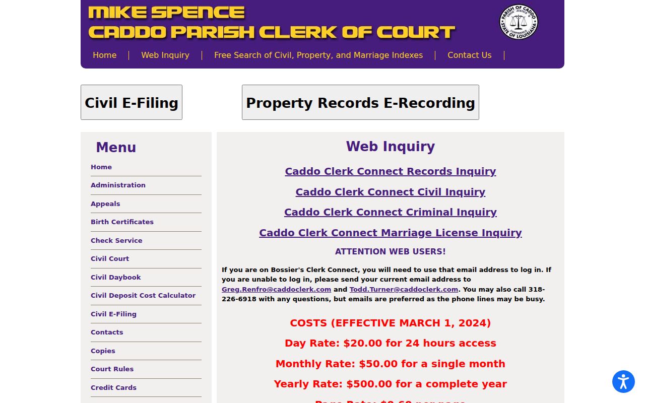 Caddo case search Clerk Connect inquiry entry and access pricing