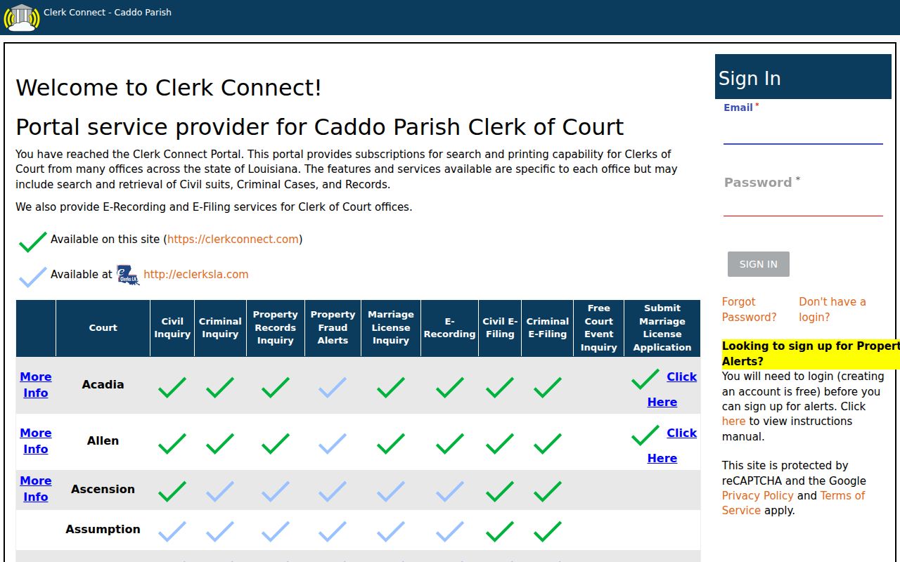 Caddo case search Clerk Connect public portal and account route