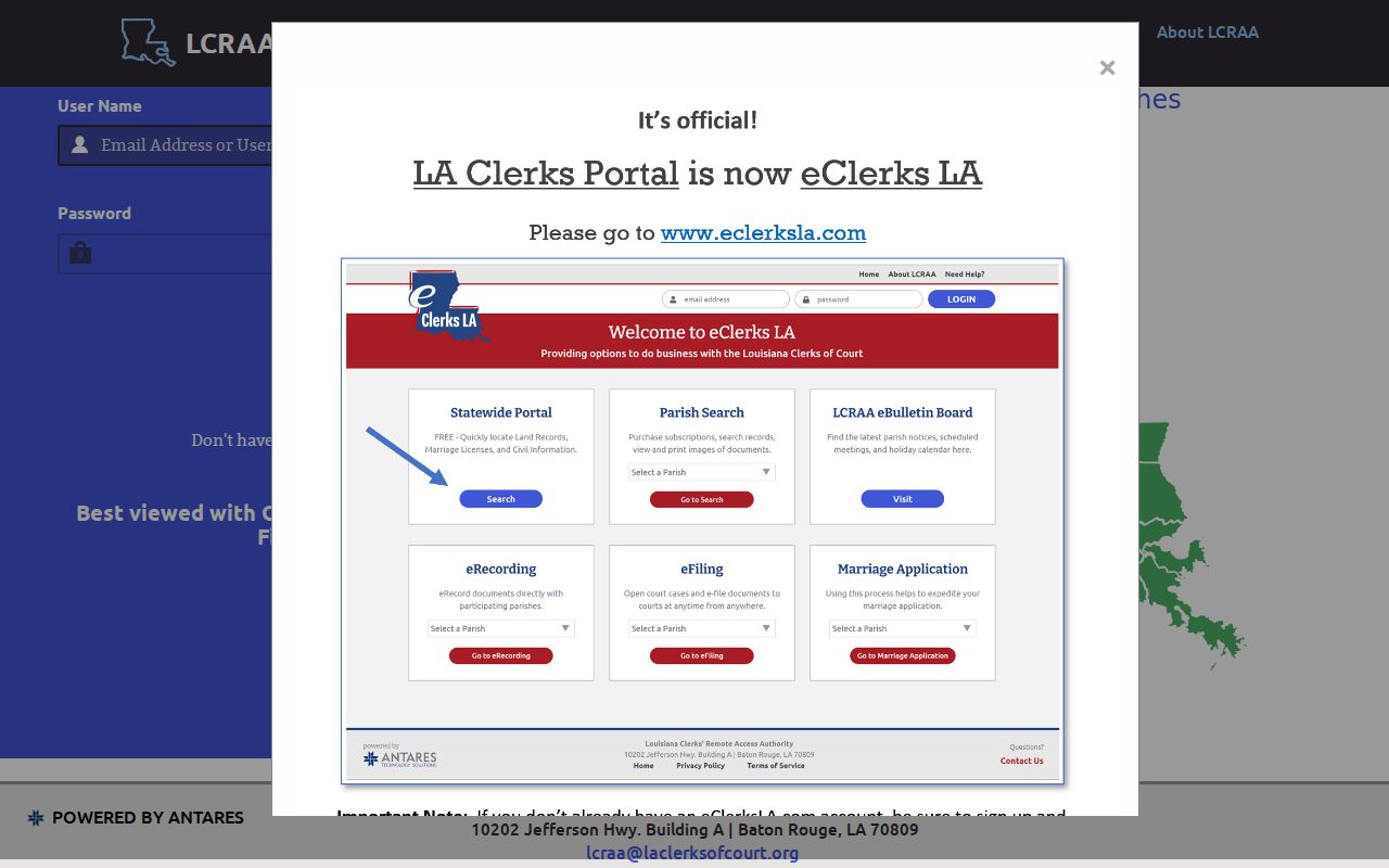 Caddo case search LCRAA account login and public records access notice