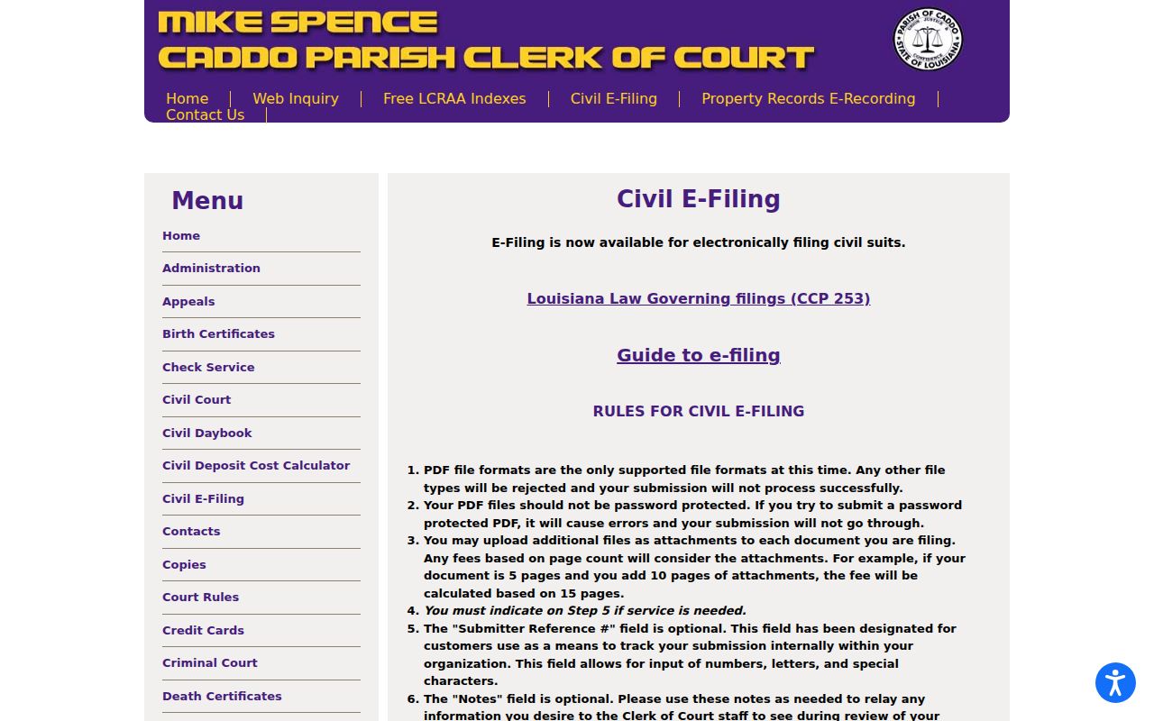 Caddo civil court docket e-filing rules for PDF service and fees