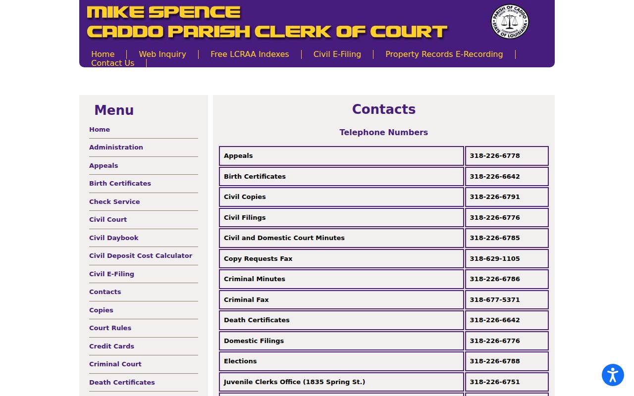 Caddo court schedule Clerk of Court contacts for criminal and civil dates