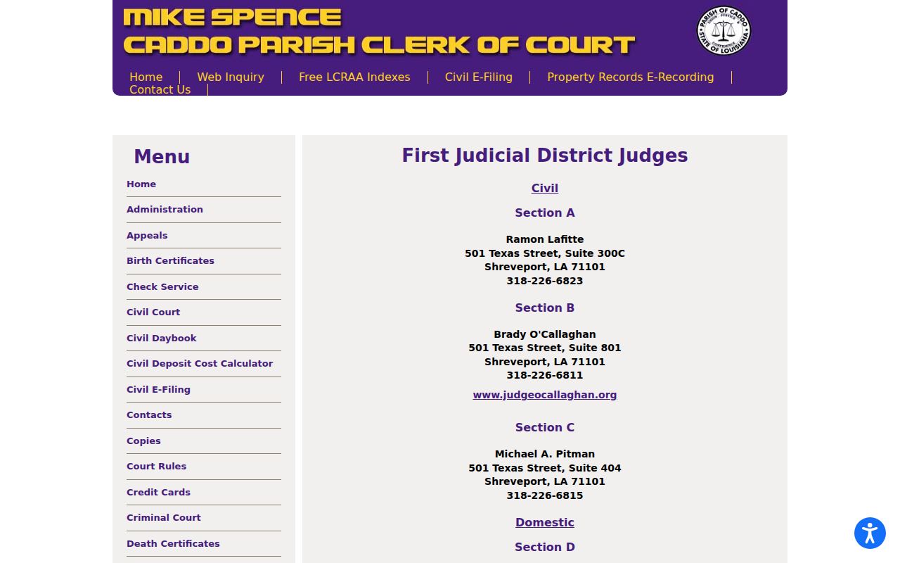 Caddo court schedule First Judicial District judge and section roster