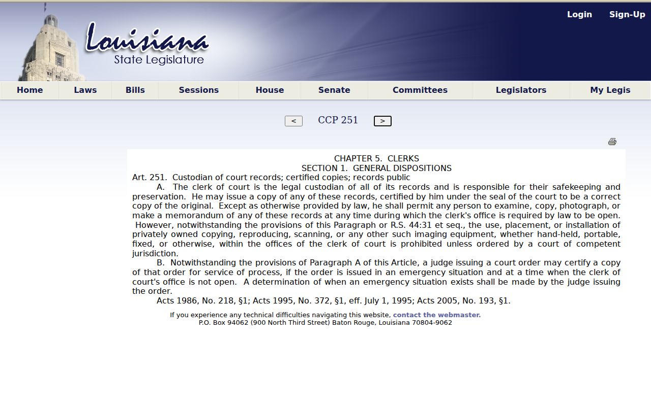 Caddo Court Case Records Louisiana clerk custodian and certified copy rule