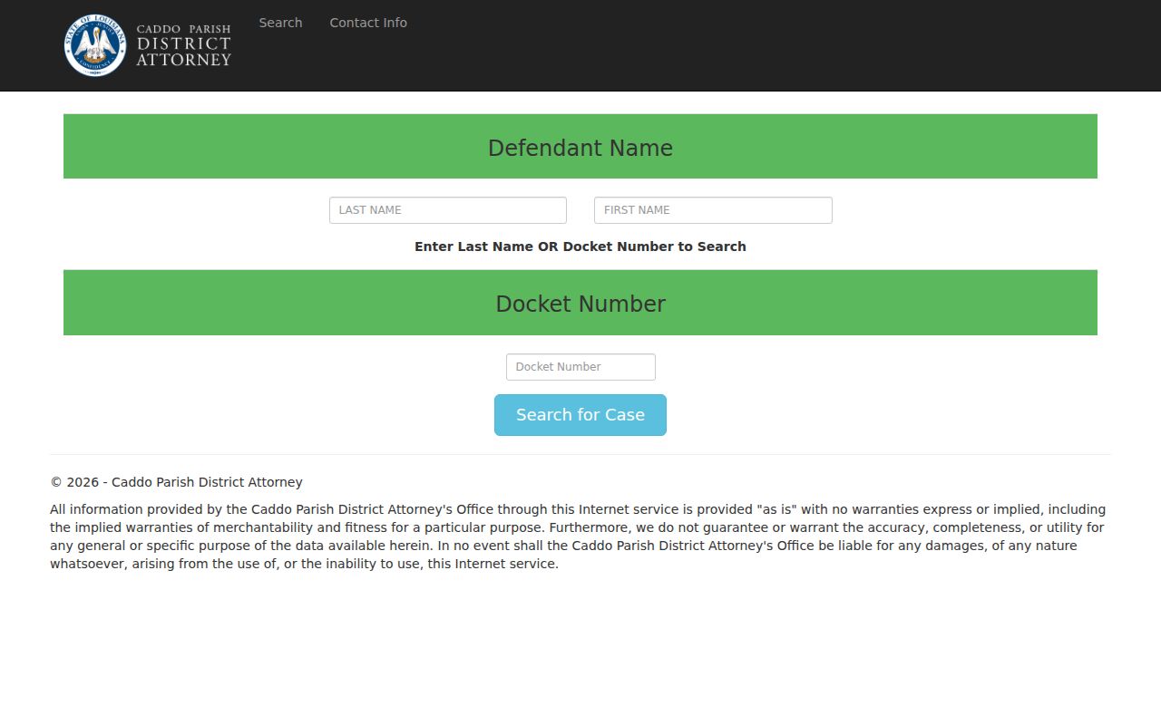 Caddo criminal court docket search form with name and docket number fields