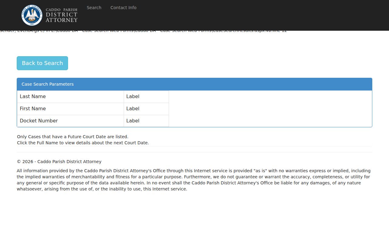 Caddo criminal court docket result notice explaining future court date limit