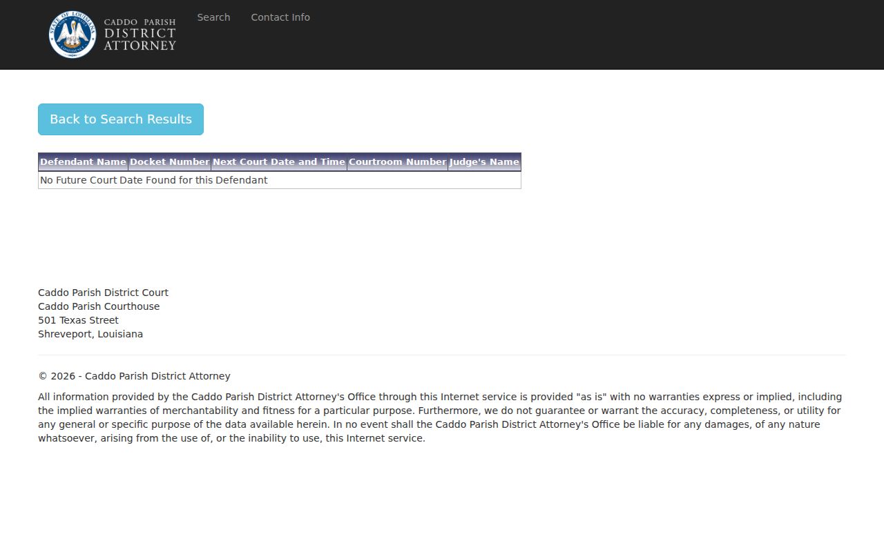 Caddo criminal court docket next setting fields for date courtroom and judge