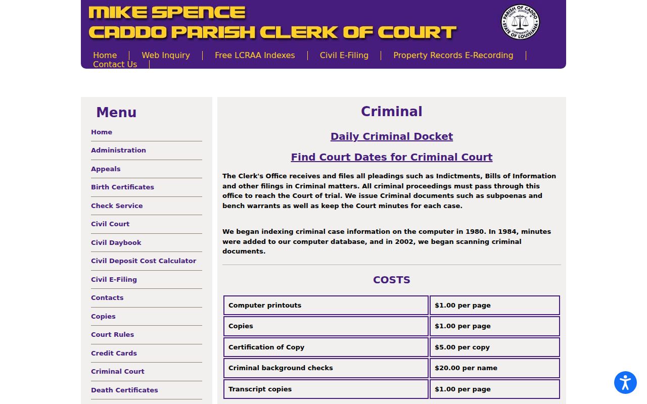 Caddo criminal court dockets clerk page with criminal records routes