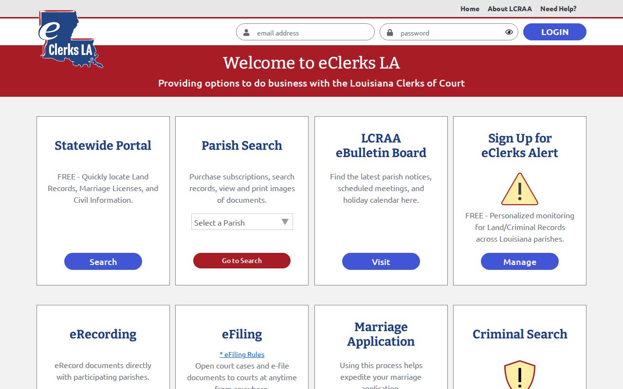 eClerks LA statewide portal, parish search, e-filing, and criminal search options