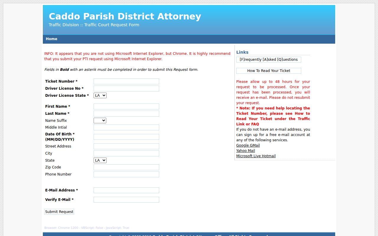 Caddo traffic court record date request form with ticket and identity fields