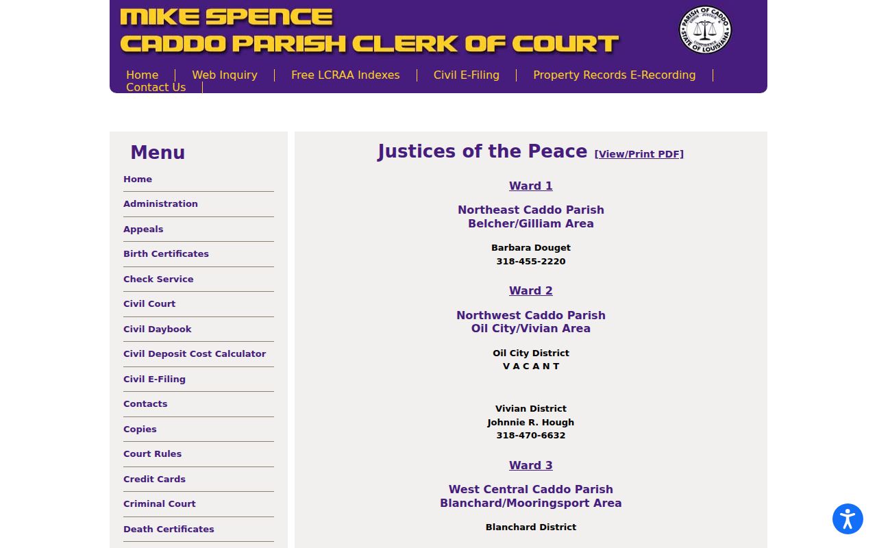 Vivian court records docket Ward 2 justice map